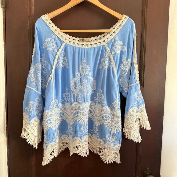 DEMOCRACY | Light Blue All-over embroidery Blouse bell sleeves lace trim Medium - Picture 1 of 9